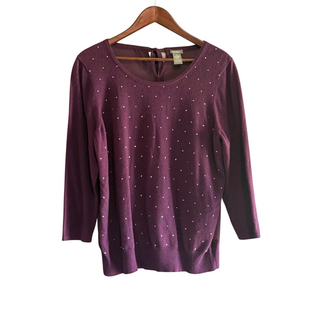 Neiman Marcus Knit Sweater Embellish Cashmere Wool Angora Purple Sheer Classic L